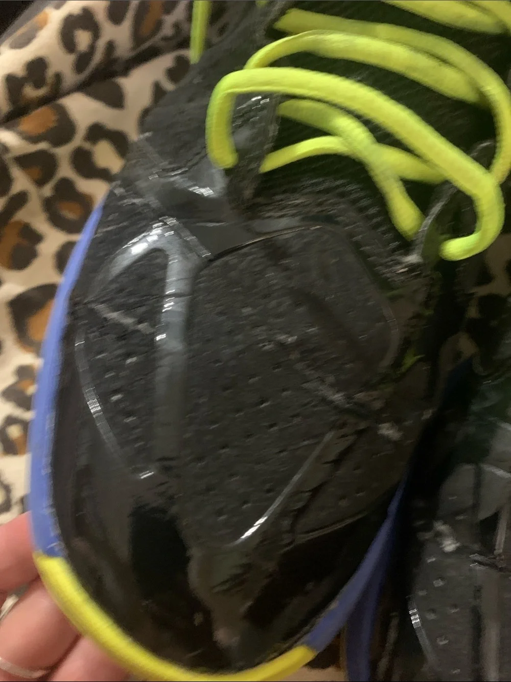 Black and Blue High-Top Athletic Shoes with Neon Yellow Laces